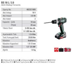 METABO BS 18 L Şarjlı Matkap 18 Volt 2.0 Amper