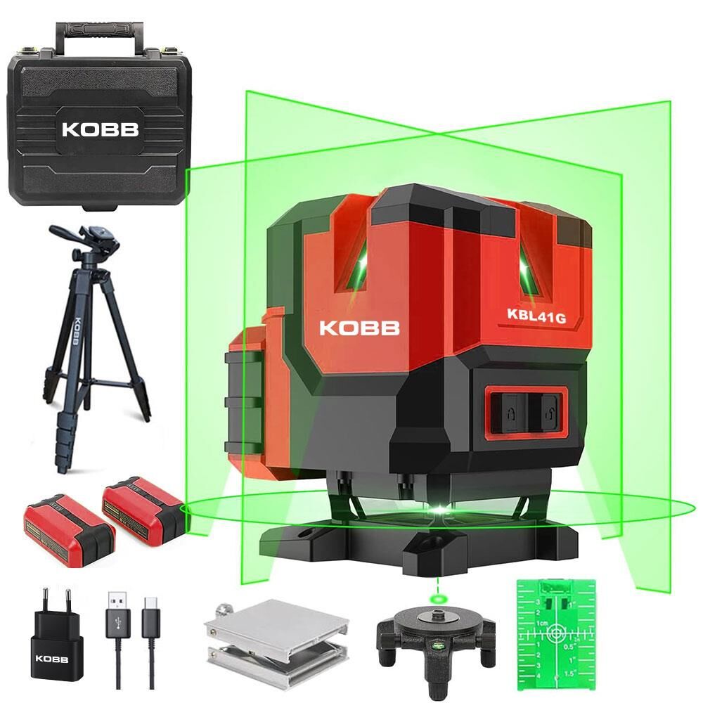 KOBB KBL41GTP 30M 4x90⁰/1x360⁰ Otomatik Hizalamalı Li-ion Çift Akü Profesyonel Yeşil Çizgi Lazer Distomat + Tripod