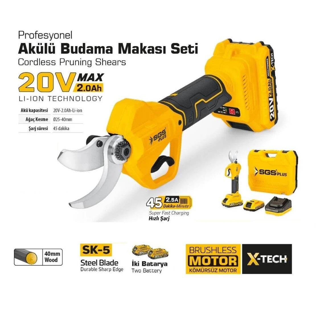 SGS 5555 AKÜLÜ BUDAMA MAKASI 20V KÖMÜRSÜZ MOTOR