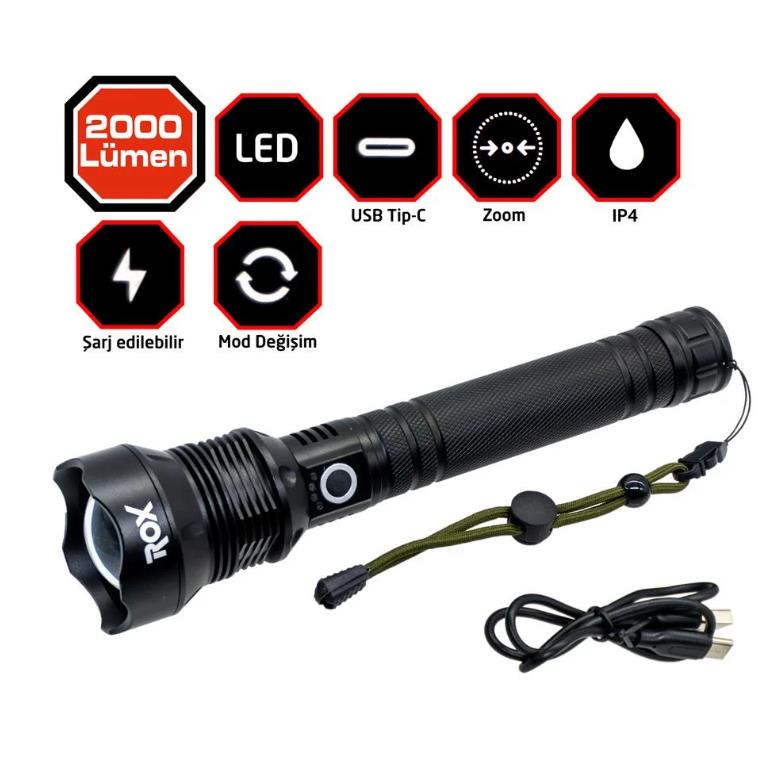 Rox 0212 Şarjlı Led El Feneri 2000 Lümen