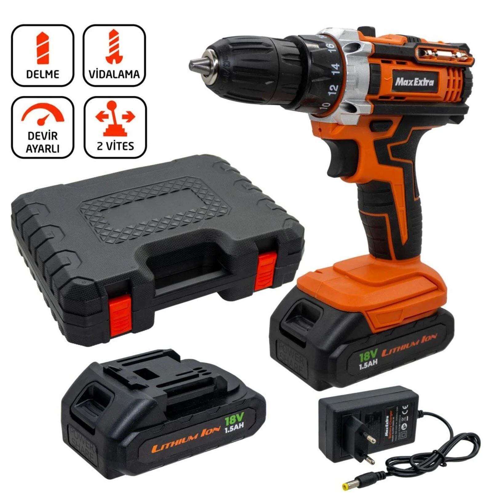 Max Extra MX1815 Şarjlı Matkap Vidalama Çift Akülü 18 Volt 1,5 Amper