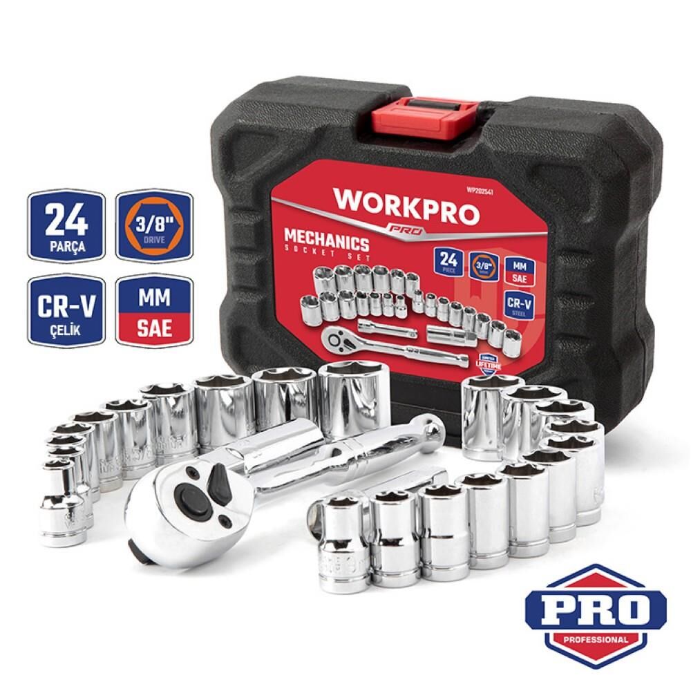 WORKPRO WP202541 3/8'’ CR-V 24 Parça Metrik/İnç Ağır Hizmet Lokma Takımı