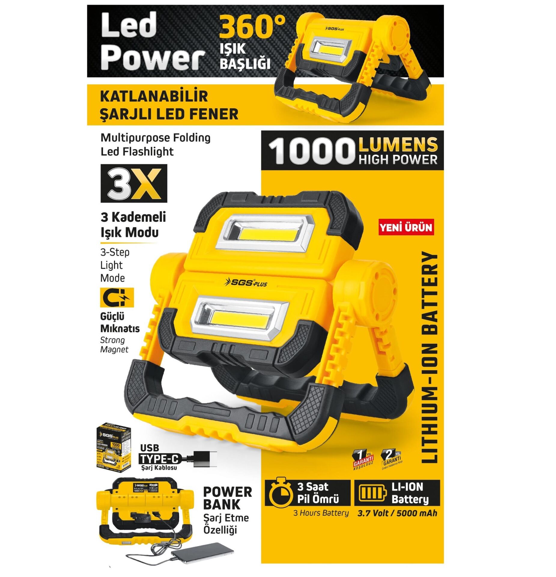 SGS 5057 ŞARJLI LED ÇALIŞMA LAMBASI-POWER BANK 1000 LÜMEN 3.7 VOLT/ 5000 mAh