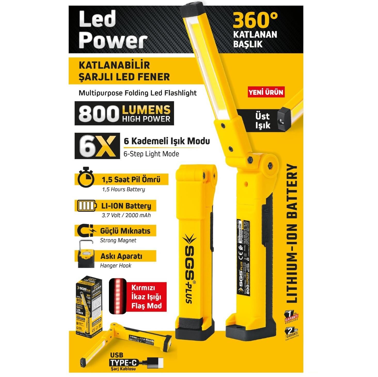 SGS 5056 ŞARJLI LED FENER 800 LÜMEN KATLANIR 3.7 VOLT/ 2000 mAh