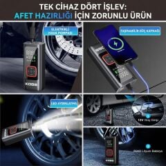 KOBB KB426 12V / Şarjlı Li-ion 150 PSI Dijital Göstergeli Akıllı Lastik Şişirme Pompası+ Powerbank + SOS + Led Lamba